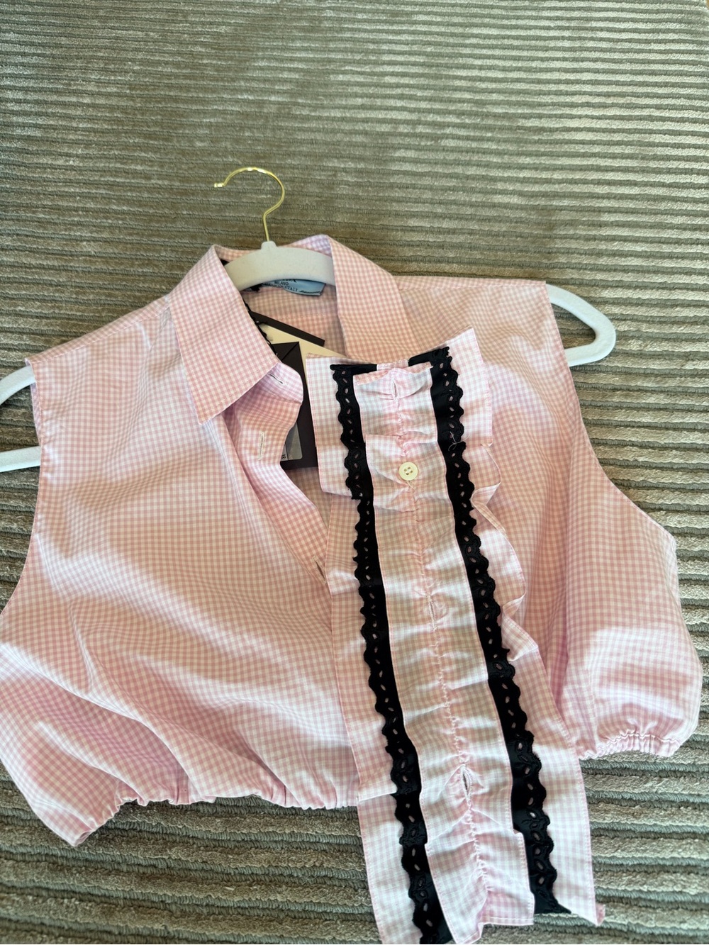 Prada Pink Gingham Sleeveless Button-Front Top with Black Lace